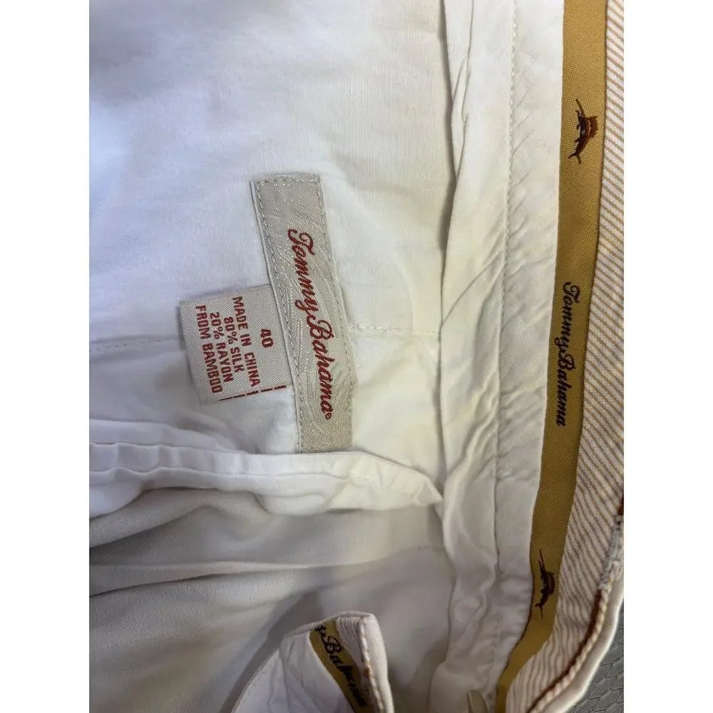Tommy Bahama Silk Shorts Mens 40 White Chino Pleated Front 10 Inseam Relaxed Fit